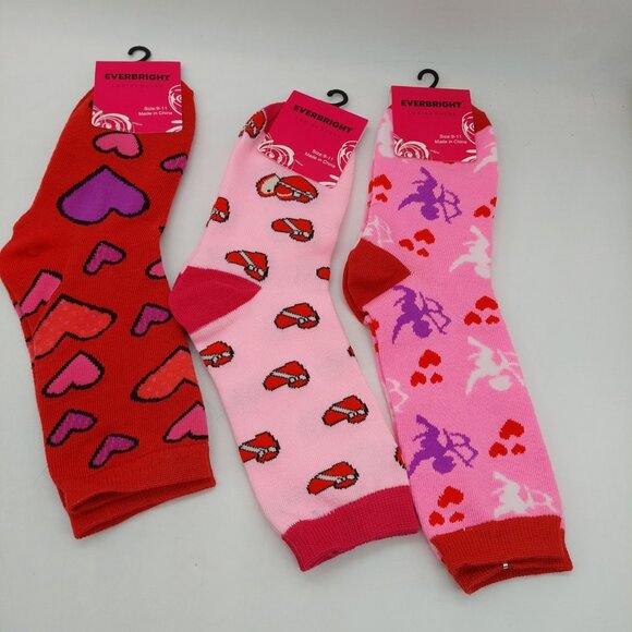 Everbright Womens Valentines Socks Size 9-11 Red Pink NWT Lot Of 3 Hearts Cupid - Picture 2 of 5
